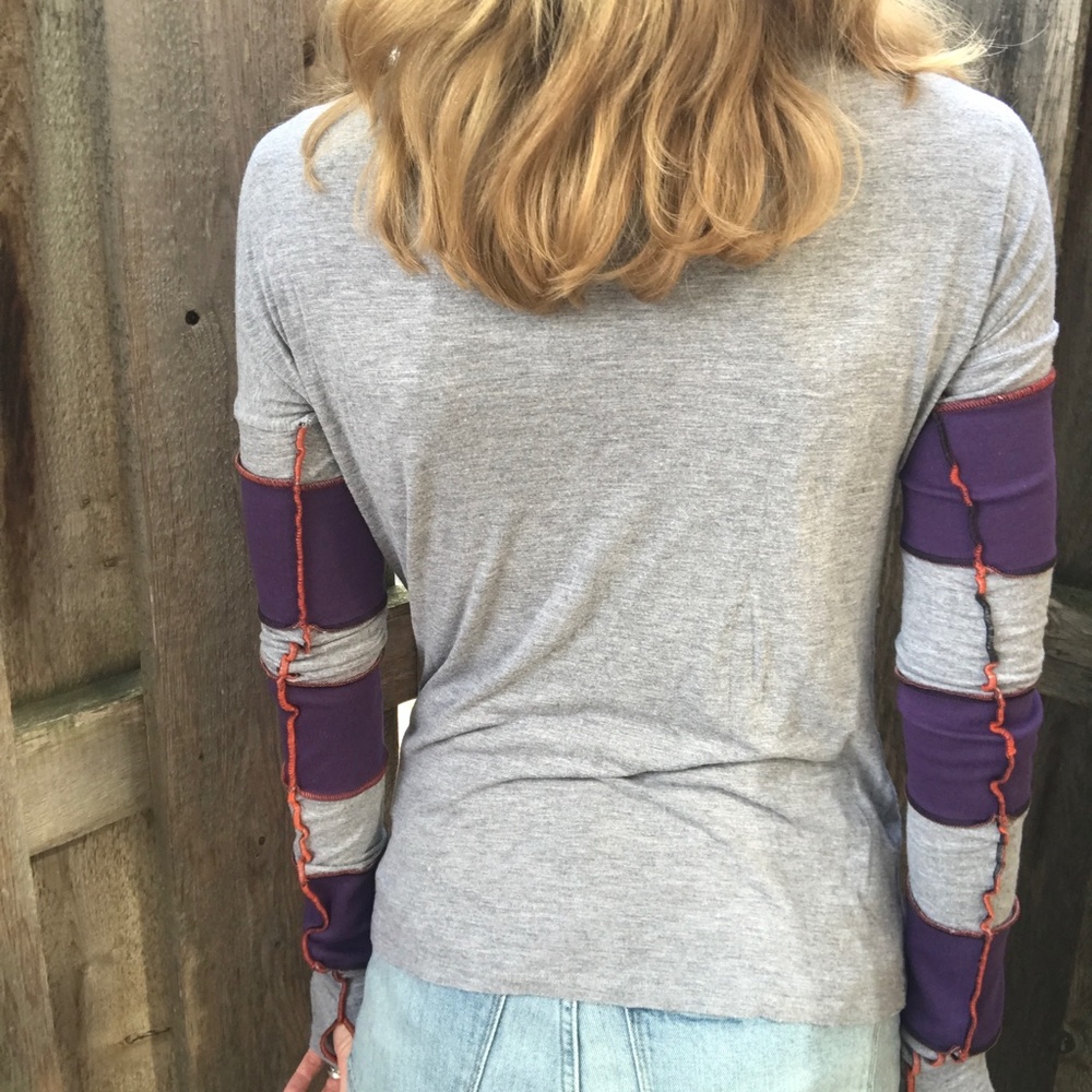 Upcycled Womens Purple Patchwork Shirt Size Medium Long Sleeve Gray Thumb Holes - Picture 10 of 12